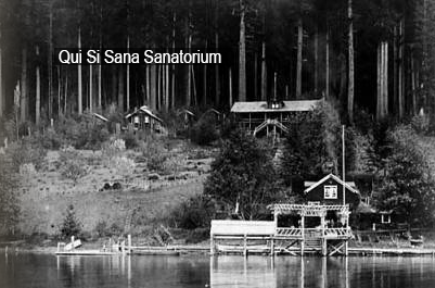 Qui Si Sana Sanatorium and Biological Institution, dock and cabins as seen from Lake Crescent, 1913
