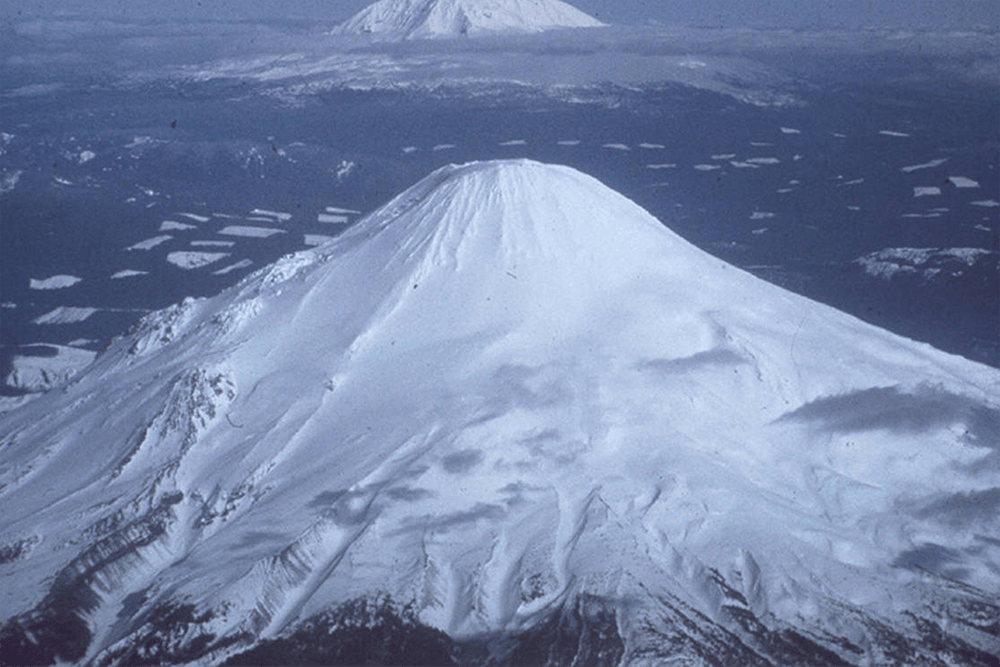 Aerial view of Mount St. Helens from the west (1976)