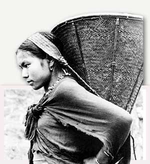 Ao Naga woman carrying basket with tumpline, Lungnasa, Mokokchung District, India, ca. 1954 