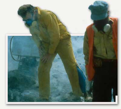 Backpack and workers by the dome