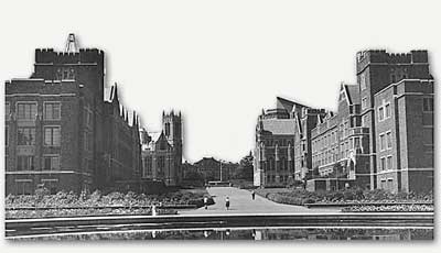 Rainier Vista, looking northwest over Frosh Pond to the flagpole, University of Washington, n.d.