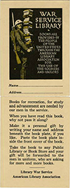 Bookmark advertising the American Library Association’s library war service during World War I, circa 1917-1919