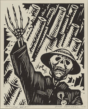 uniformed skeleton woodcut