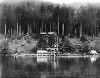 Qui Si Sana Sanatorium and Biological Institution, dock and cabins as seen from Lake Crescent, 1913