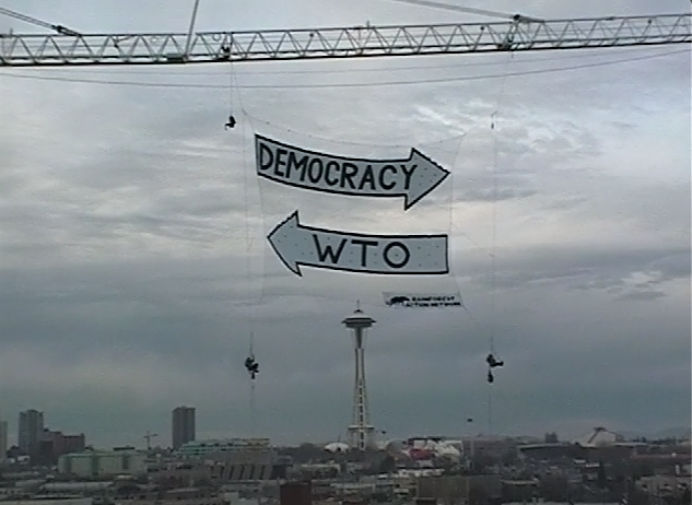 Anti-WTO Signs hanging from Construction Crane