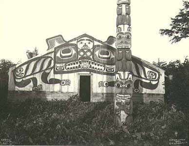 Chief's painted house with totem pole