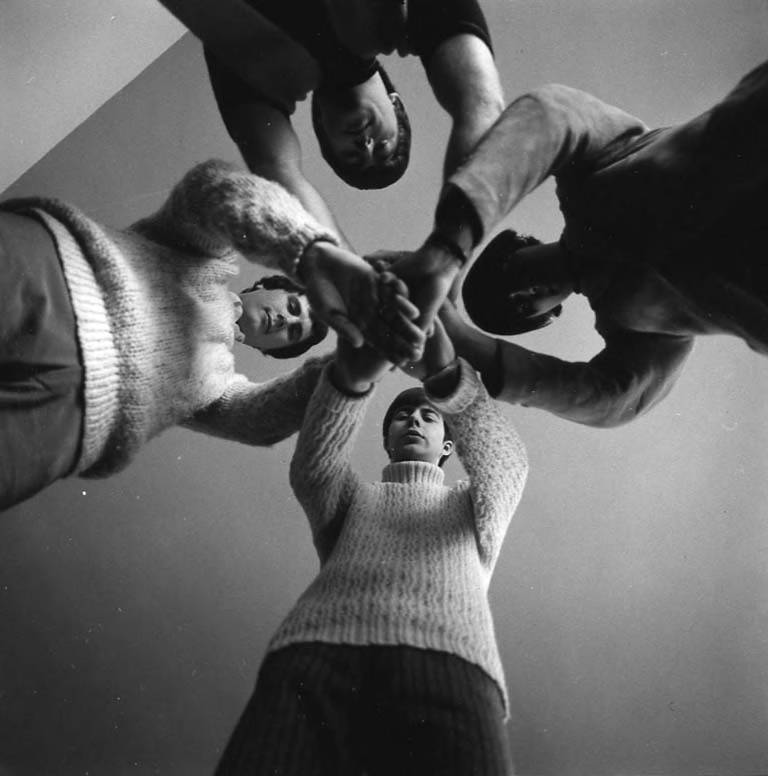 Moses Lake band The Bards indoor photo shoot looking up at band members