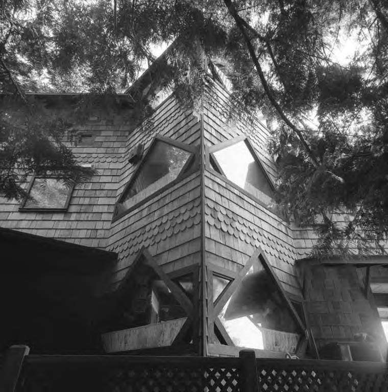Exterior of shingled home framed by trees