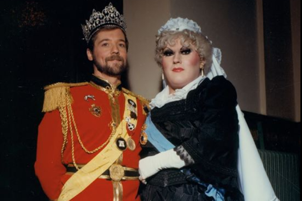 Two attendees posing at the Imperial Court of Seattle Coronation at Union Station, 401 S. Jackson St., Seattle, Washington, February 18, 1989