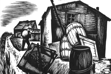 Linocut of shacks, barrels, and man with sack on back