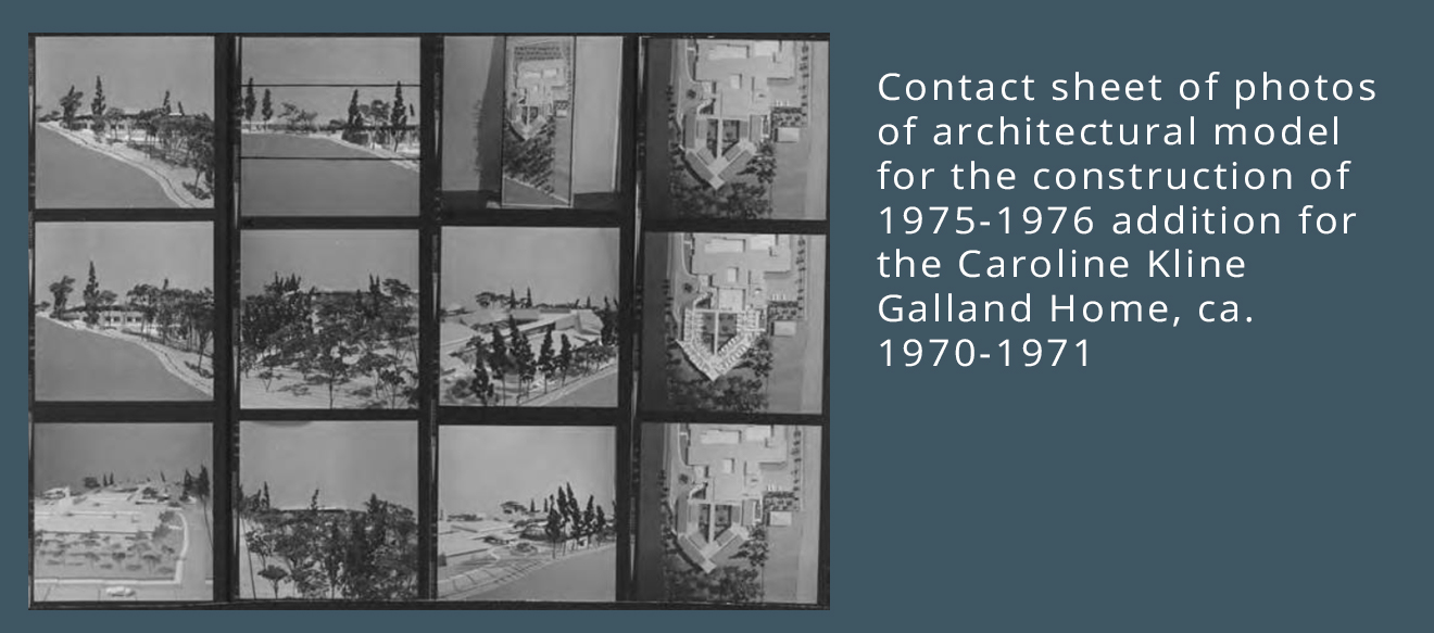 Contact sheet of 11 photos of architectural model for the construction of 1975-1976 addition for the Caroline Kline Galland Home, ca. 1970-1971