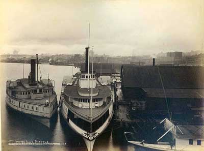 View of the waterfront at the foot of Main St., Seattle, Washington, 1891.
