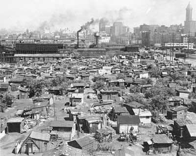 Homeless shantytown known as Hooverville, foot of S. Atlantic St. near the Skinner and Eddy Shipyards, Seattle, Washington, June 10, 1937.