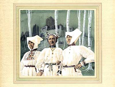 Three women in costume (former Yugoslavia), watercolor, circa 1930-1937