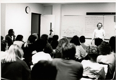 Mike Allen, professor of history, teaching in the Perkins Building. 