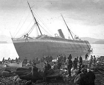 Passengers on shore beside wreck of steamer MARIPOSA, Fitz Hugh Sound, British Columbia, October 8, 1915